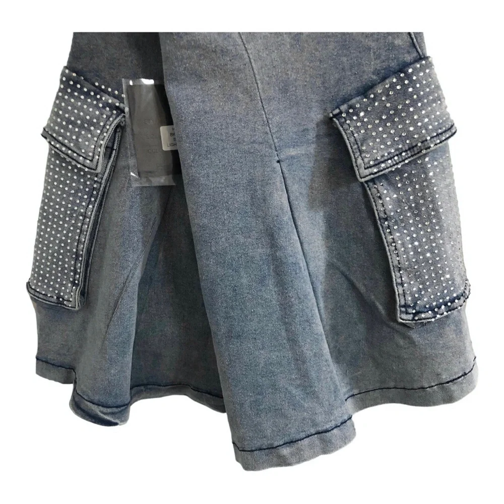 A-line crystal embellished rhinestone utility cargo style mini denim jeans skirt